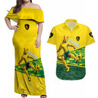 Personalized Socceroos Mascot Couples Matching Off Shoulder Maxi Dress and Hawaiian Shirt Australian Football Player Dynamic Green Yellow Sports Art