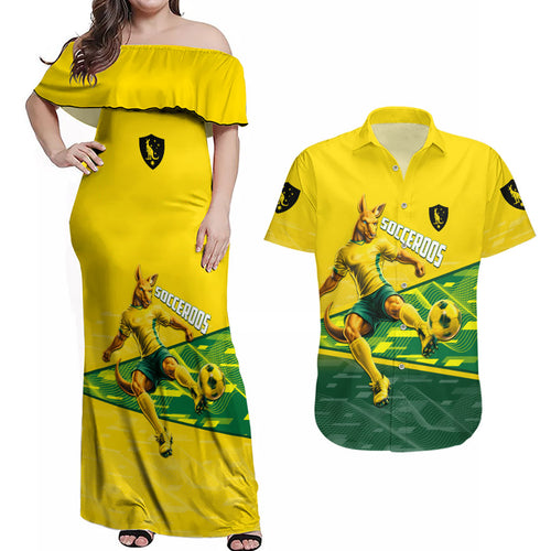 Personalized Socceroos Mascot Couples Matching Off Shoulder Maxi Dress and Hawaiian Shirt Australian Football Player Dynamic Green Yellow Sports Art