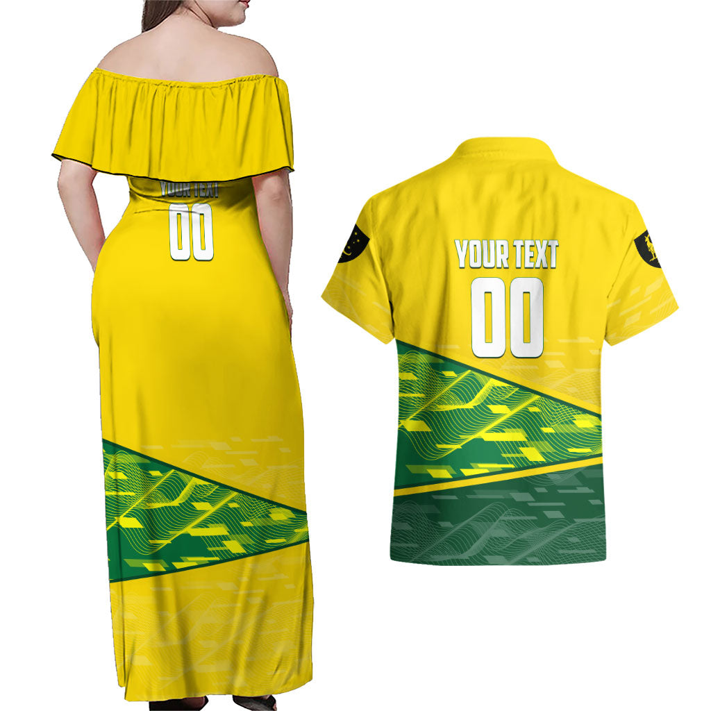 Personalized Socceroos Mascot Couples Matching Off Shoulder Maxi Dress and Hawaiian Shirt Australian Football Player Dynamic Green Yellow Sports Art