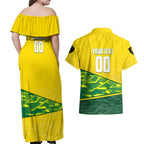 Personalized Socceroos Mascot Couples Matching Off Shoulder Maxi Dress and Hawaiian Shirt Australian Football Player Dynamic Green Yellow Sports Art