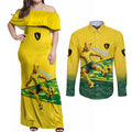 Personalized Socceroos Mascot Couples Matching Off Shoulder Maxi Dress and Long Sleeve Button Shirt Australian Football Player Dynamic Green Yellow Sports Art