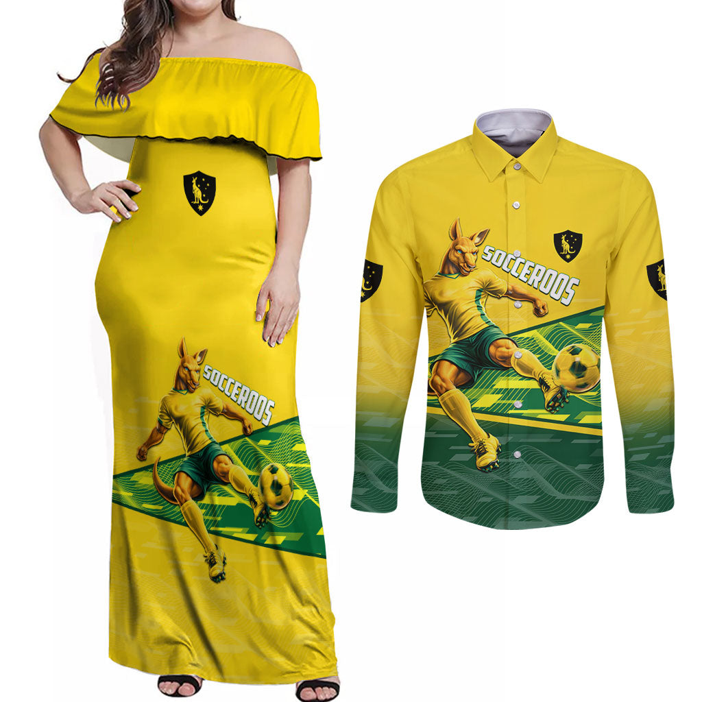 Personalized Socceroos Mascot Couples Matching Off Shoulder Maxi Dress and Long Sleeve Button Shirt Australian Football Player Dynamic Green Yellow Sports Art