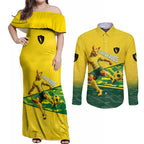 Personalized Socceroos Mascot Couples Matching Off Shoulder Maxi Dress and Long Sleeve Button Shirt Australian Football Player Dynamic Green Yellow Sports Art