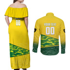Personalized Socceroos Mascot Couples Matching Off Shoulder Maxi Dress and Long Sleeve Button Shirt Australian Football Player Dynamic Green Yellow Sports Art