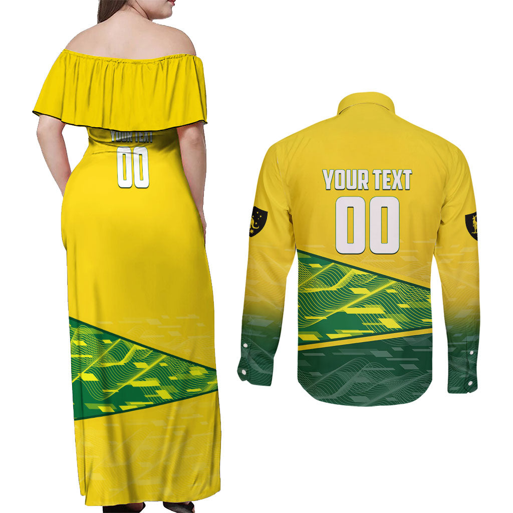 Personalized Socceroos Mascot Couples Matching Off Shoulder Maxi Dress and Long Sleeve Button Shirt Australian Football Player Dynamic Green Yellow Sports Art
