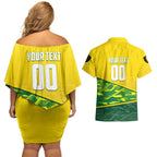 Personalized Socceroos Mascot Couples Matching Off Shoulder Short Dress and Hawaiian Shirt Australian Football Player Dynamic Green Yellow Sports Art