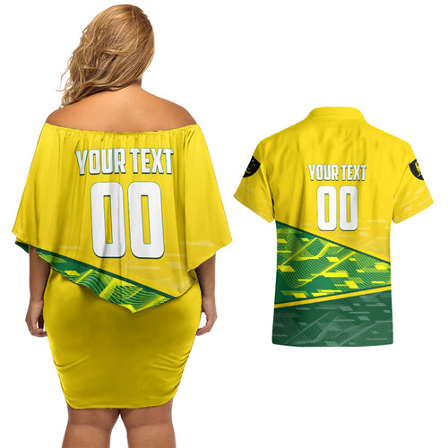 Personalized Socceroos Mascot Couples Matching Off Shoulder Short Dress and Hawaiian Shirt Australian Football Player Dynamic Green Yellow Sports Art