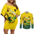 Personalized Socceroos Mascot Couples Matching Off Shoulder Short Dress and Long Sleeve Button Shirt Australian Football Player Dynamic Green Yellow Sports Art
