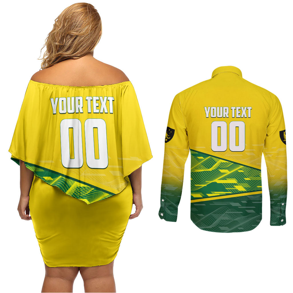 Personalized Socceroos Mascot Couples Matching Off Shoulder Short Dress and Long Sleeve Button Shirt Australian Football Player Dynamic Green Yellow Sports Art