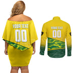 Personalized Socceroos Mascot Couples Matching Off Shoulder Short Dress and Long Sleeve Button Shirt Australian Football Player Dynamic Green Yellow Sports Art