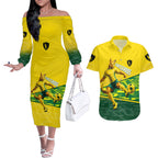 Personalized Socceroos Mascot Couples Matching Off The Shoulder Long Sleeve Dress and Hawaiian Shirt Australian Football Player Dynamic Green Yellow Sports Art