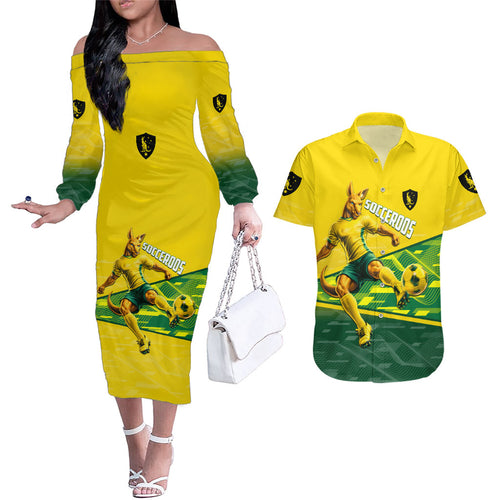 Personalized Socceroos Mascot Couples Matching Off The Shoulder Long Sleeve Dress and Hawaiian Shirt Australian Football Player Dynamic Green Yellow Sports Art