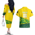 Personalized Socceroos Mascot Couples Matching Off The Shoulder Long Sleeve Dress and Hawaiian Shirt Australian Football Player Dynamic Green Yellow Sports Art