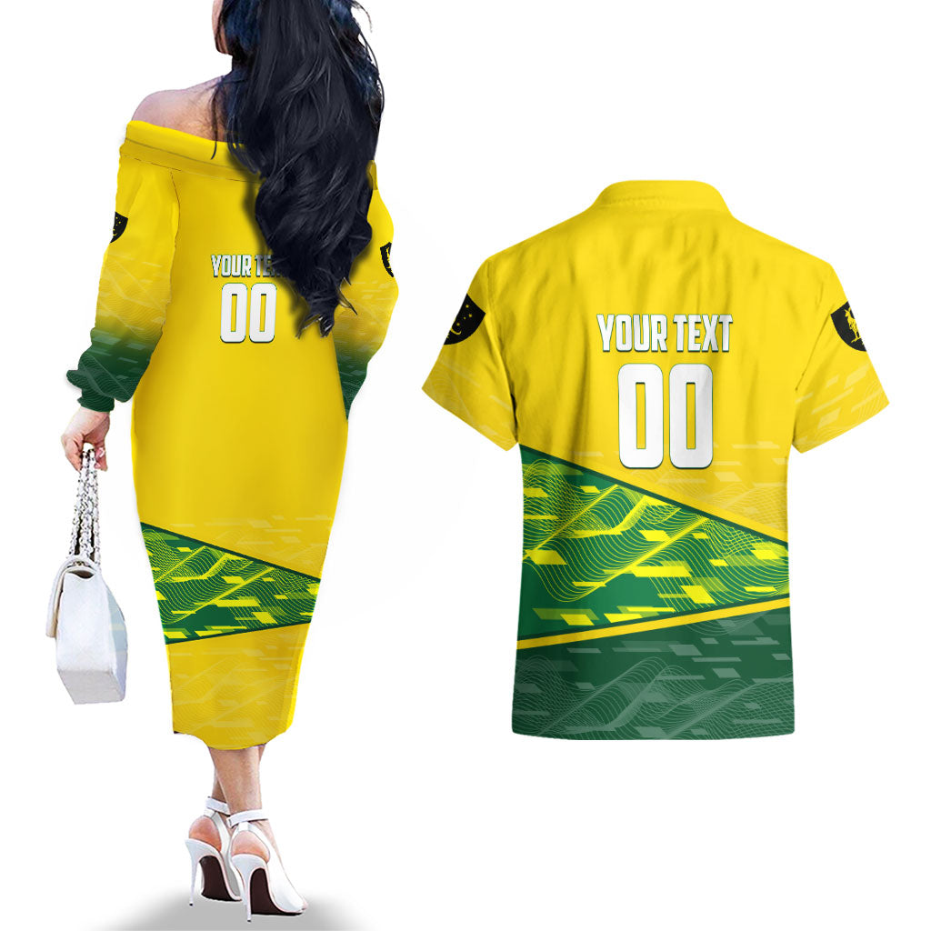 Personalized Socceroos Mascot Couples Matching Off The Shoulder Long Sleeve Dress and Hawaiian Shirt Australian Football Player Dynamic Green Yellow Sports Art