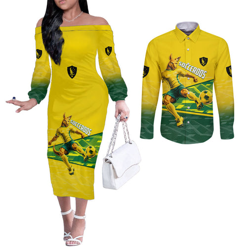 Personalized Socceroos Mascot Couples Matching Off The Shoulder Long Sleeve Dress and Long Sleeve Button Shirt Australian Football Player Dynamic Green Yellow Sports Art