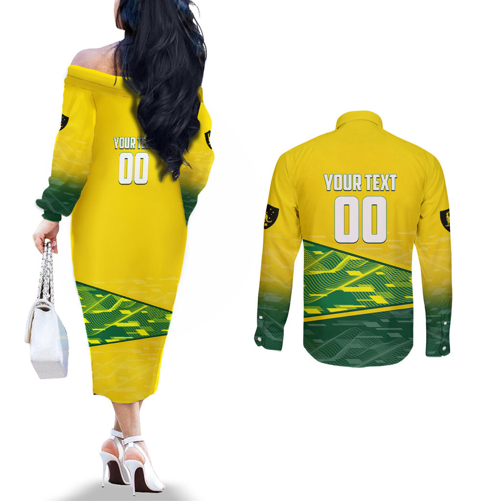 Personalized Socceroos Mascot Couples Matching Off The Shoulder Long Sleeve Dress and Long Sleeve Button Shirt Australian Football Player Dynamic Green Yellow Sports Art