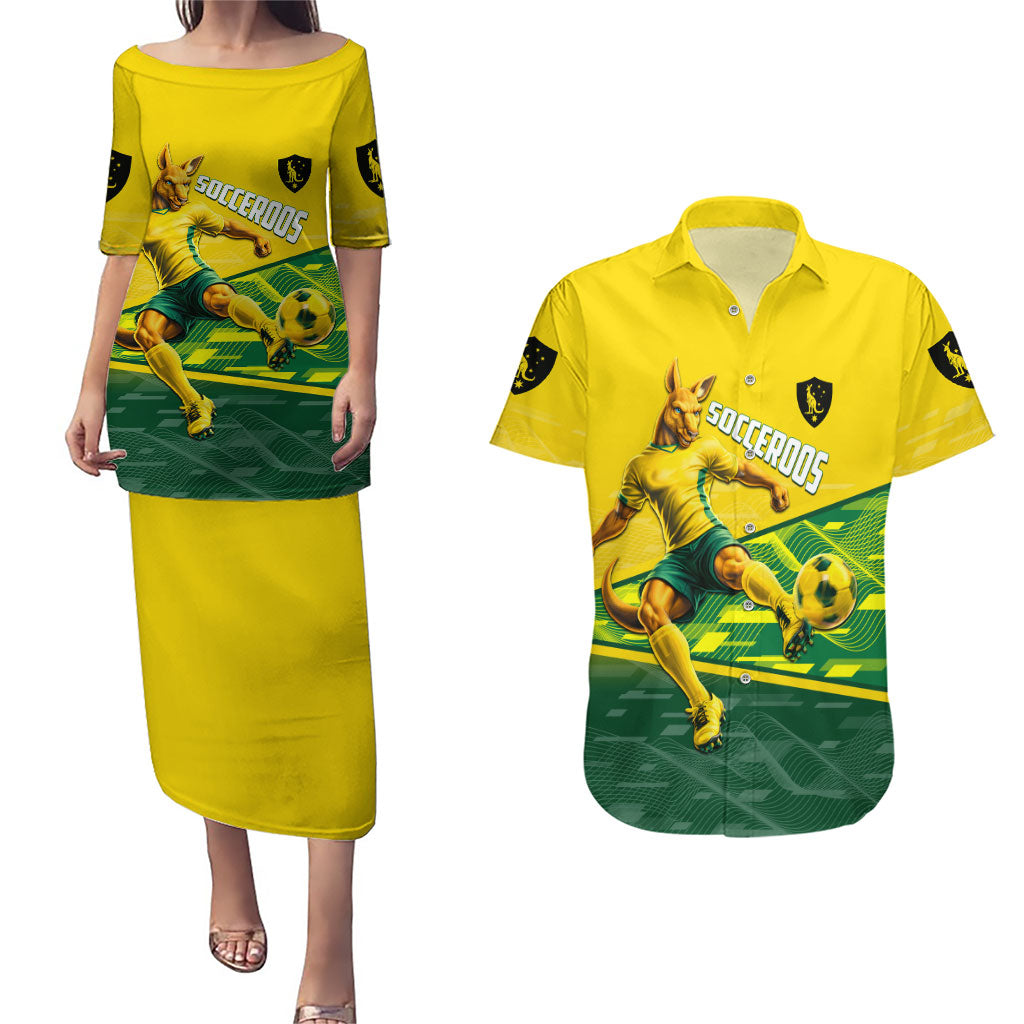 Personalized Socceroos Mascot Couples Matching Puletasi and Hawaiian Shirt Australian Football Player Dynamic Green Yellow Sports Art