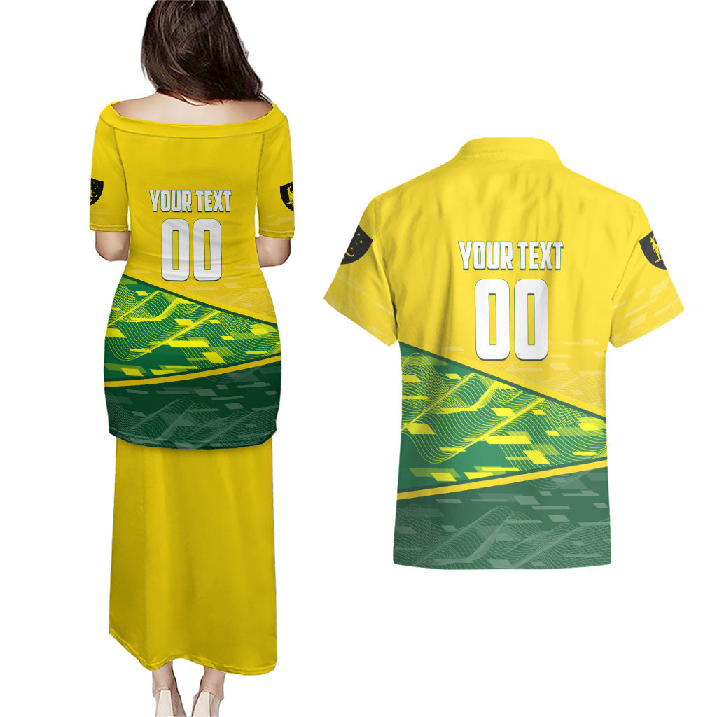 Personalized Socceroos Mascot Couples Matching Puletasi and Hawaiian Shirt Australian Football Player Dynamic Green Yellow Sports Art