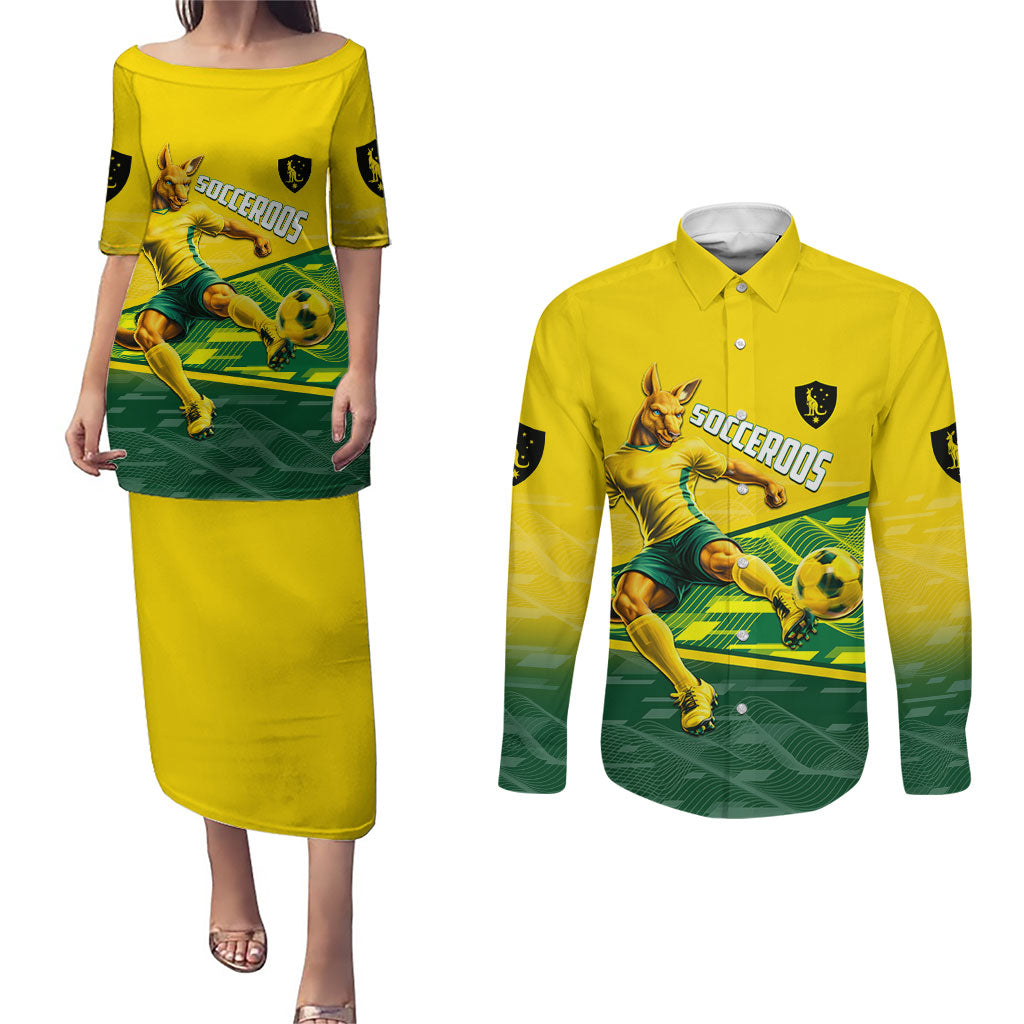 Personalized Socceroos Mascot Couples Matching Puletasi and Long Sleeve Button Shirt Australian Football Player Dynamic Green Yellow Sports Art