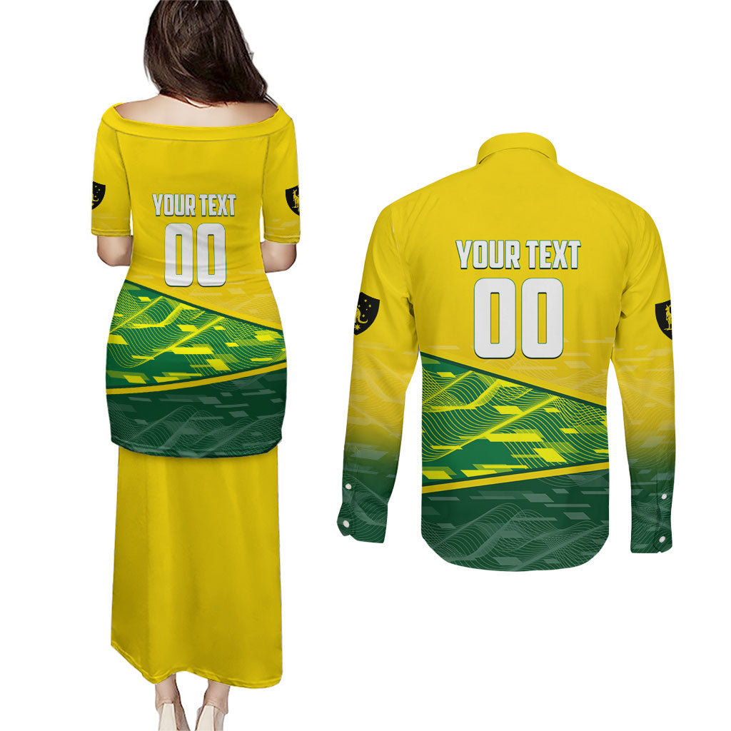 Personalized Socceroos Mascot Couples Matching Puletasi and Long Sleeve Button Shirt Australian Football Player Dynamic Green Yellow Sports Art