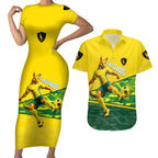 Personalized Socceroos Mascot Couples Matching Short Sleeve Bodycon Dress and Hawaiian Shirt Australian Football Player Dynamic Green Yellow Sports Art