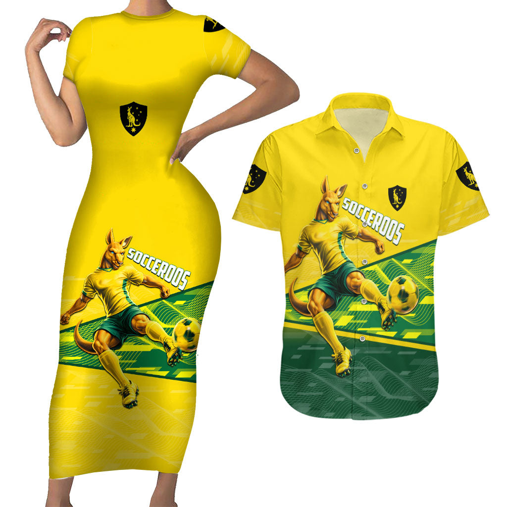 Personalized Socceroos Mascot Couples Matching Short Sleeve Bodycon Dress and Hawaiian Shirt Australian Football Player Dynamic Green Yellow Sports Art