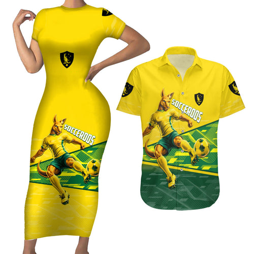 Personalized Socceroos Mascot Couples Matching Short Sleeve Bodycon Dress and Hawaiian Shirt Australian Football Player Dynamic Green Yellow Sports Art