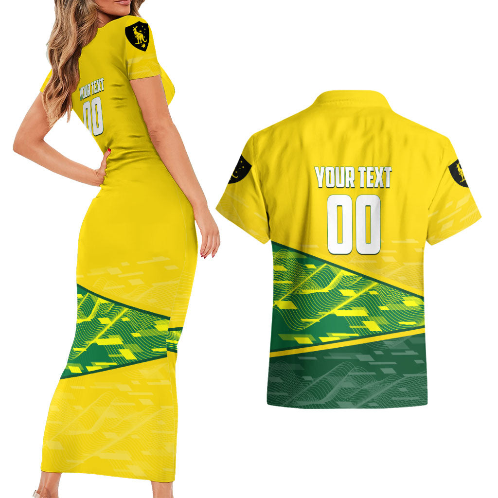 Personalized Socceroos Mascot Couples Matching Short Sleeve Bodycon Dress and Hawaiian Shirt Australian Football Player Dynamic Green Yellow Sports Art