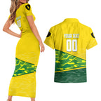 Personalized Socceroos Mascot Couples Matching Short Sleeve Bodycon Dress and Hawaiian Shirt Australian Football Player Dynamic Green Yellow Sports Art