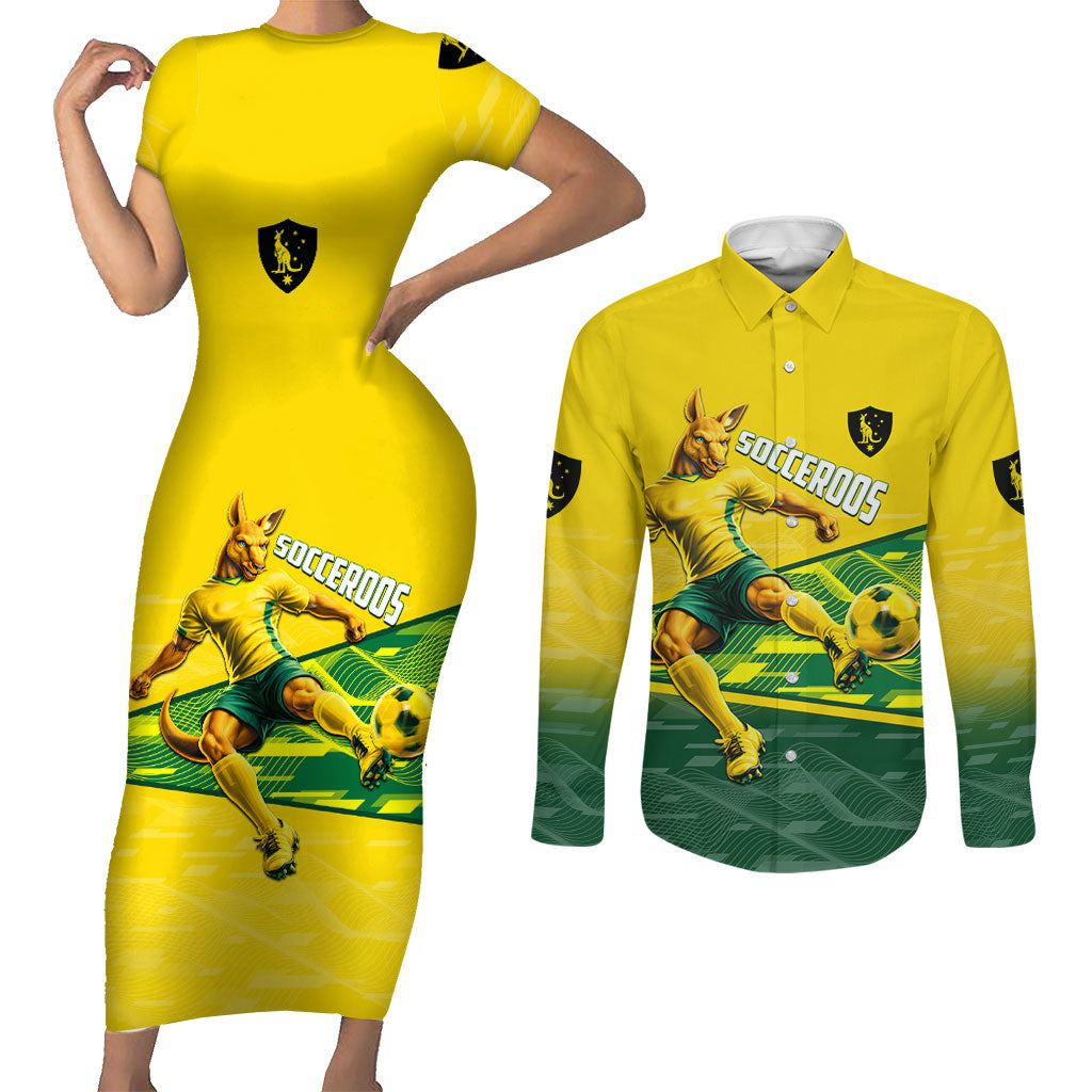 Personalized Socceroos Mascot Couples Matching Short Sleeve Bodycon Dress and Long Sleeve Button Shirt Australian Football Player Dynamic Green Yellow Sports Art