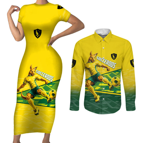 Personalized Socceroos Mascot Couples Matching Short Sleeve Bodycon Dress and Long Sleeve Button Shirt Australian Football Player Dynamic Green Yellow Sports Art