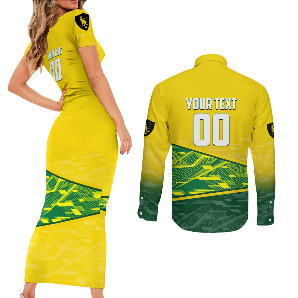 Personalized Socceroos Mascot Couples Matching Short Sleeve Bodycon Dress and Long Sleeve Button Shirt Australian Football Player Dynamic Green Yellow Sports Art