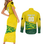 Personalized Socceroos Mascot Couples Matching Short Sleeve Bodycon Dress and Long Sleeve Button Shirt Australian Football Player Dynamic Green Yellow Sports Art