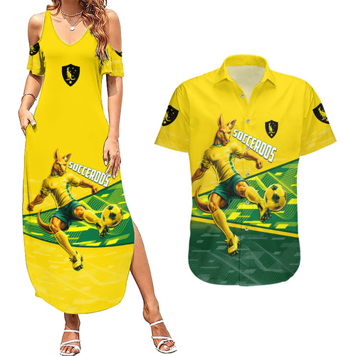 Personalized Socceroos Mascot Couples Matching Summer Maxi Dress and Hawaiian Shirt Australian Football Player Dynamic Green Yellow Sports Art