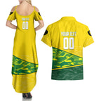 Personalized Socceroos Mascot Couples Matching Summer Maxi Dress and Hawaiian Shirt Australian Football Player Dynamic Green Yellow Sports Art