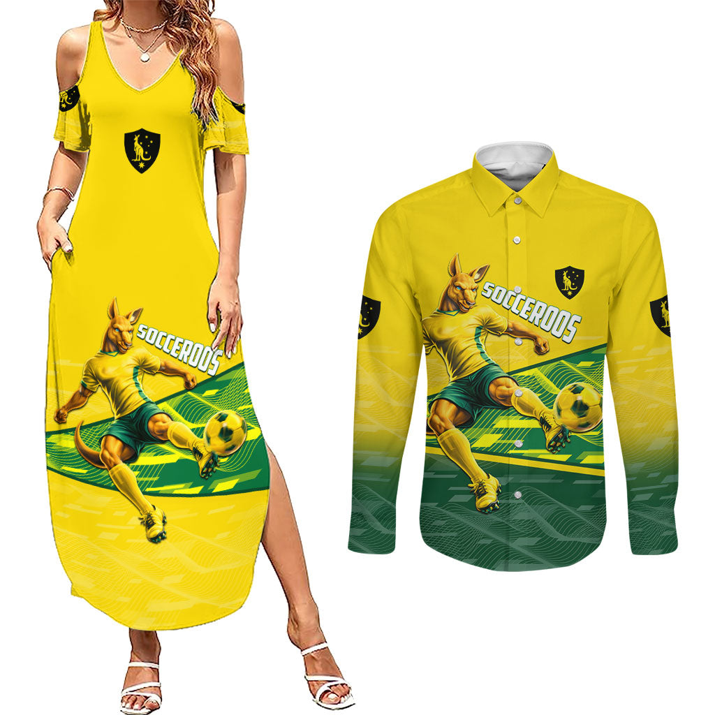 Personalized Socceroos Mascot Couples Matching Summer Maxi Dress and Long Sleeve Button Shirt Australian Football Player Dynamic Green Yellow Sports Art