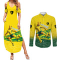 Personalized Socceroos Mascot Couples Matching Summer Maxi Dress and Long Sleeve Button Shirt Australian Football Player Dynamic Green Yellow Sports Art