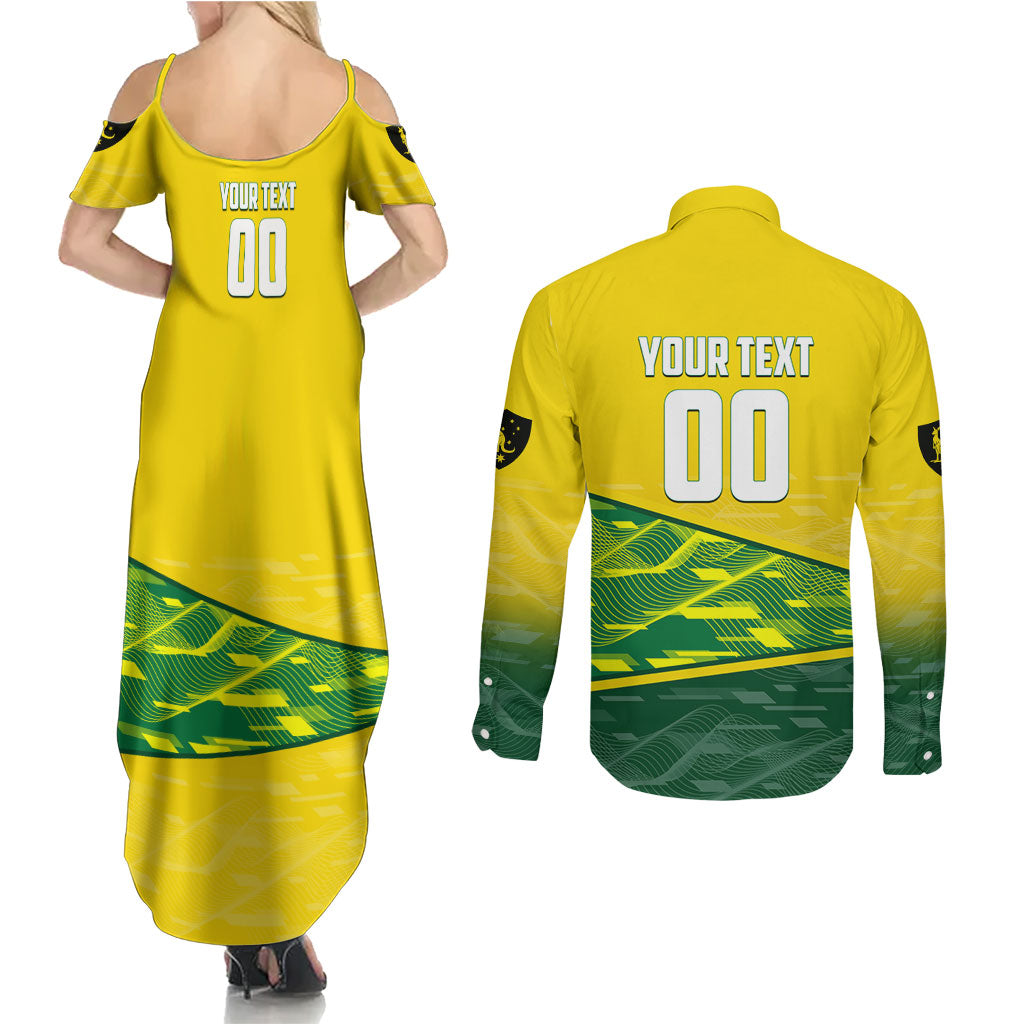 Personalized Socceroos Mascot Couples Matching Summer Maxi Dress and Long Sleeve Button Shirt Australian Football Player Dynamic Green Yellow Sports Art