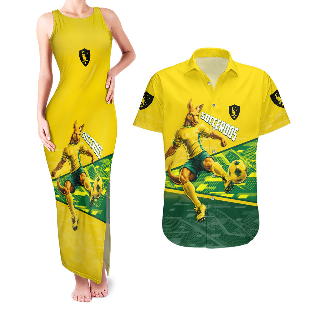 Personalized Socceroos Mascot Couples Matching Tank Maxi Dress and Hawaiian Shirt Australian Football Player Dynamic Green Yellow Sports Art