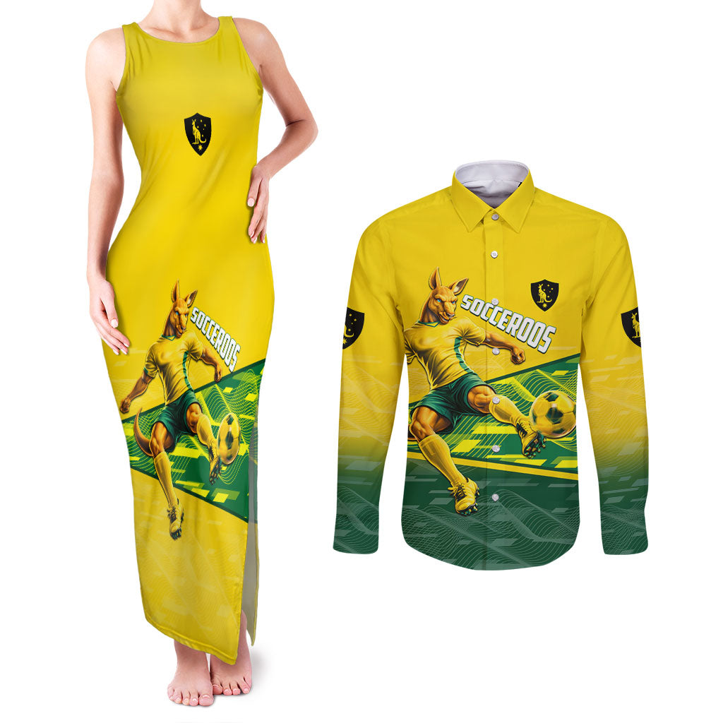 Personalized Socceroos Mascot Couples Matching Tank Maxi Dress and Long Sleeve Button Shirt Australian Football Player Dynamic Green Yellow Sports Art