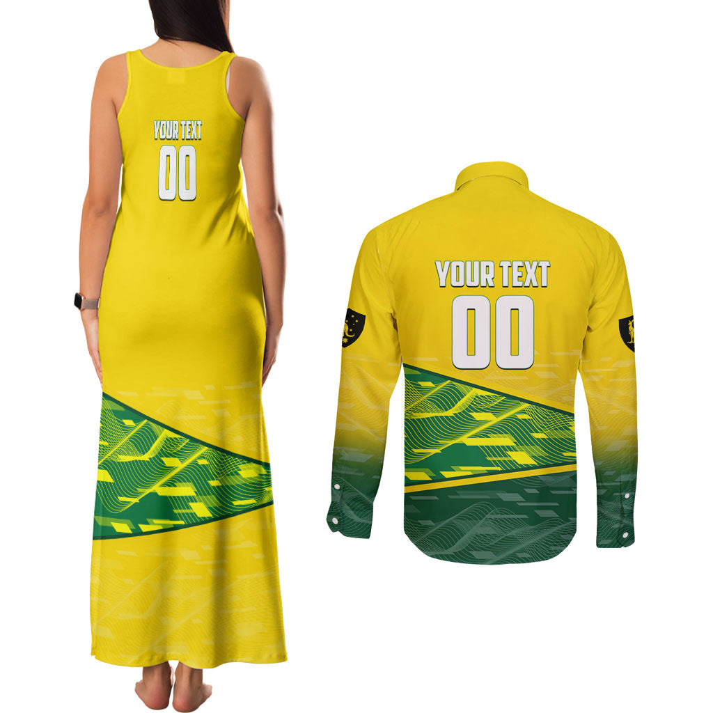 Personalized Socceroos Mascot Couples Matching Tank Maxi Dress and Long Sleeve Button Shirt Australian Football Player Dynamic Green Yellow Sports Art