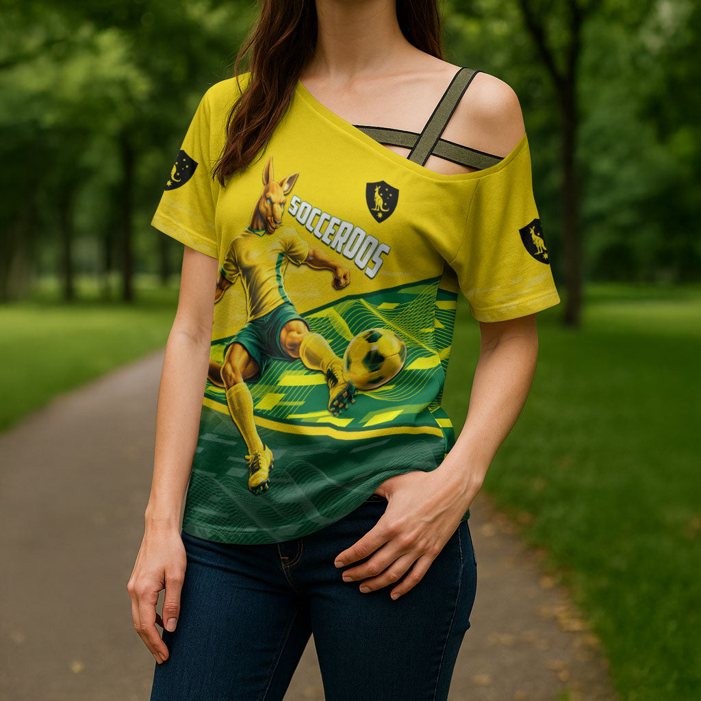 Personalized Socceroos Mascot Cross Shoulder Shirt Australian Football Player Dynamic Green Yellow Sports Art