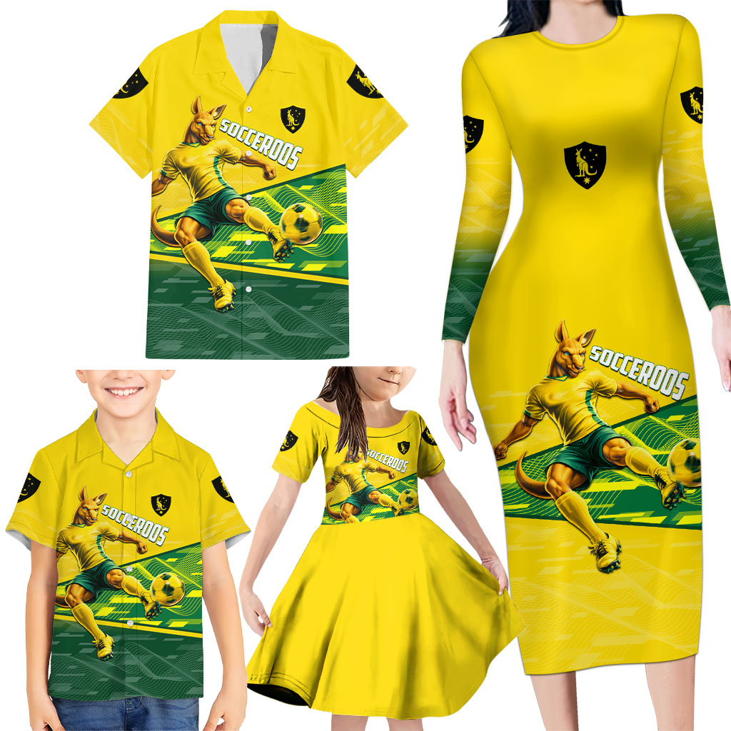 Personalized Socceroos Mascot Family Matching Long Sleeve Bodycon Dress and Hawaiian Shirt Australian Football Player Dynamic Green Yellow Sports Art