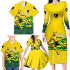 Personalized Socceroos Mascot Family Matching Long Sleeve Bodycon Dress and Hawaiian Shirt Australian Football Player Dynamic Green Yellow Sports Art