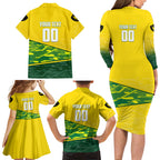 Personalized Socceroos Mascot Family Matching Long Sleeve Bodycon Dress and Hawaiian Shirt Australian Football Player Dynamic Green Yellow Sports Art