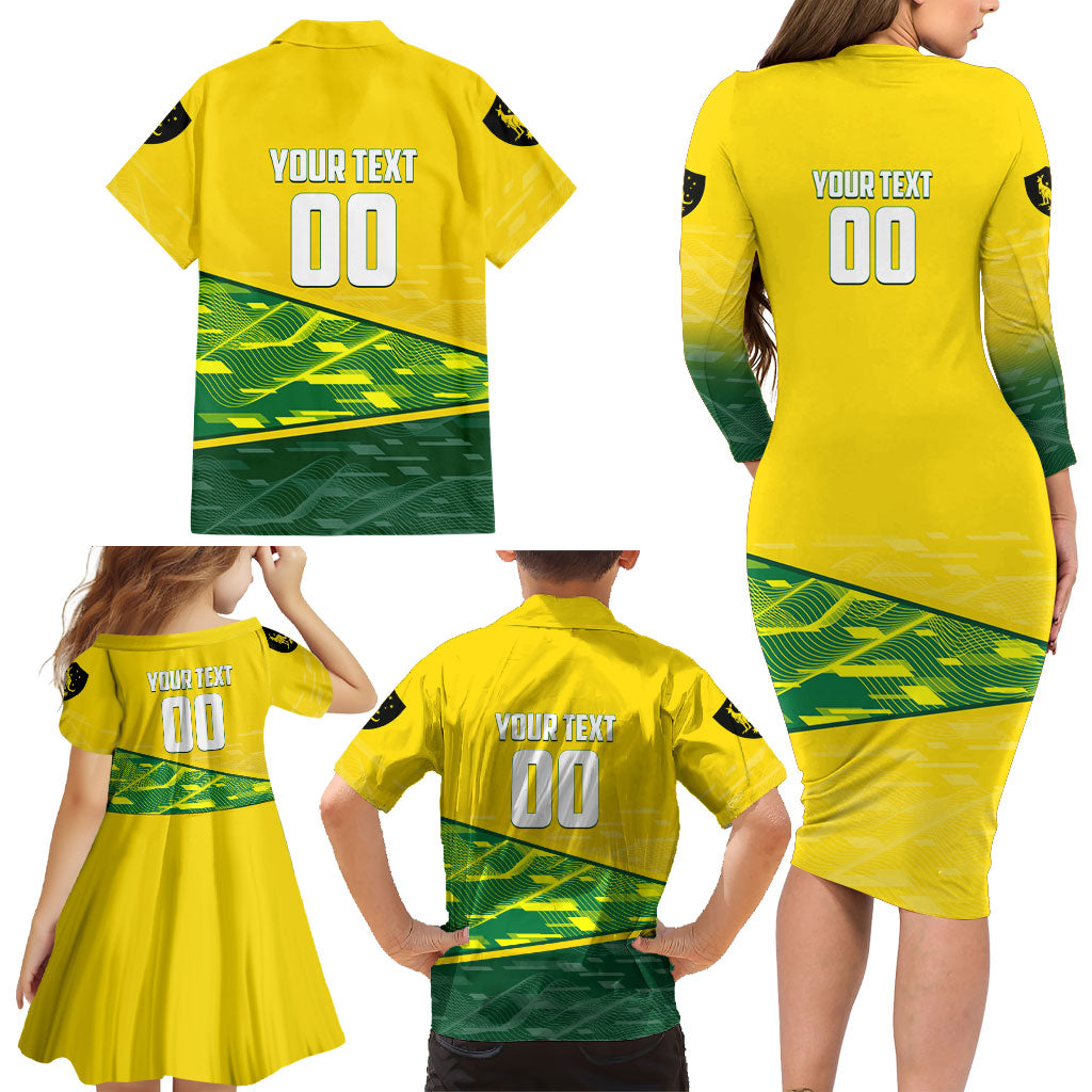 Personalized Socceroos Mascot Family Matching Long Sleeve Bodycon Dress and Hawaiian Shirt Australian Football Player Dynamic Green Yellow Sports Art