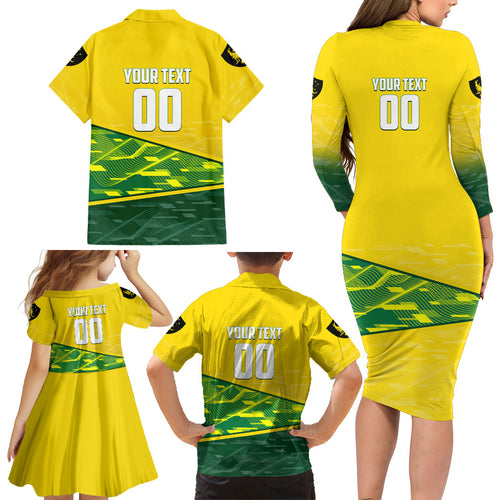 Personalized Socceroos Mascot Family Matching Long Sleeve Bodycon Dress and Hawaiian Shirt Australian Football Player Dynamic Green Yellow Sports Art
