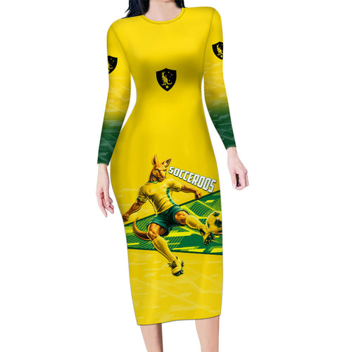 Personalized Socceroos Mascot Family Matching Long Sleeve Bodycon Dress and Hawaiian Shirt Australian Football Player Dynamic Green Yellow Sports Art