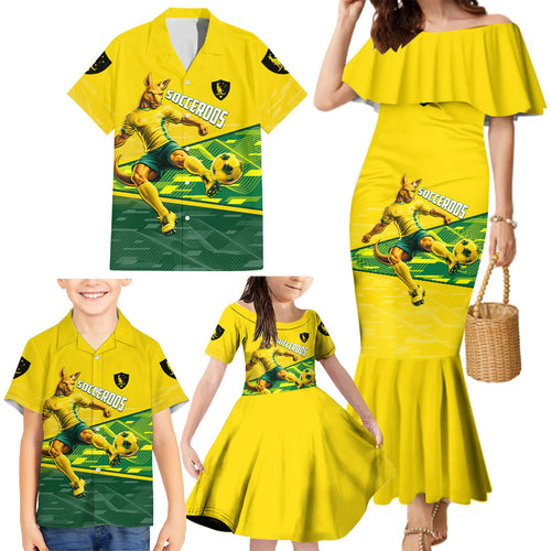 Personalized Socceroos Mascot Family Matching Mermaid Dress and Hawaiian Shirt Australian Football Player Dynamic Green Yellow Sports Art