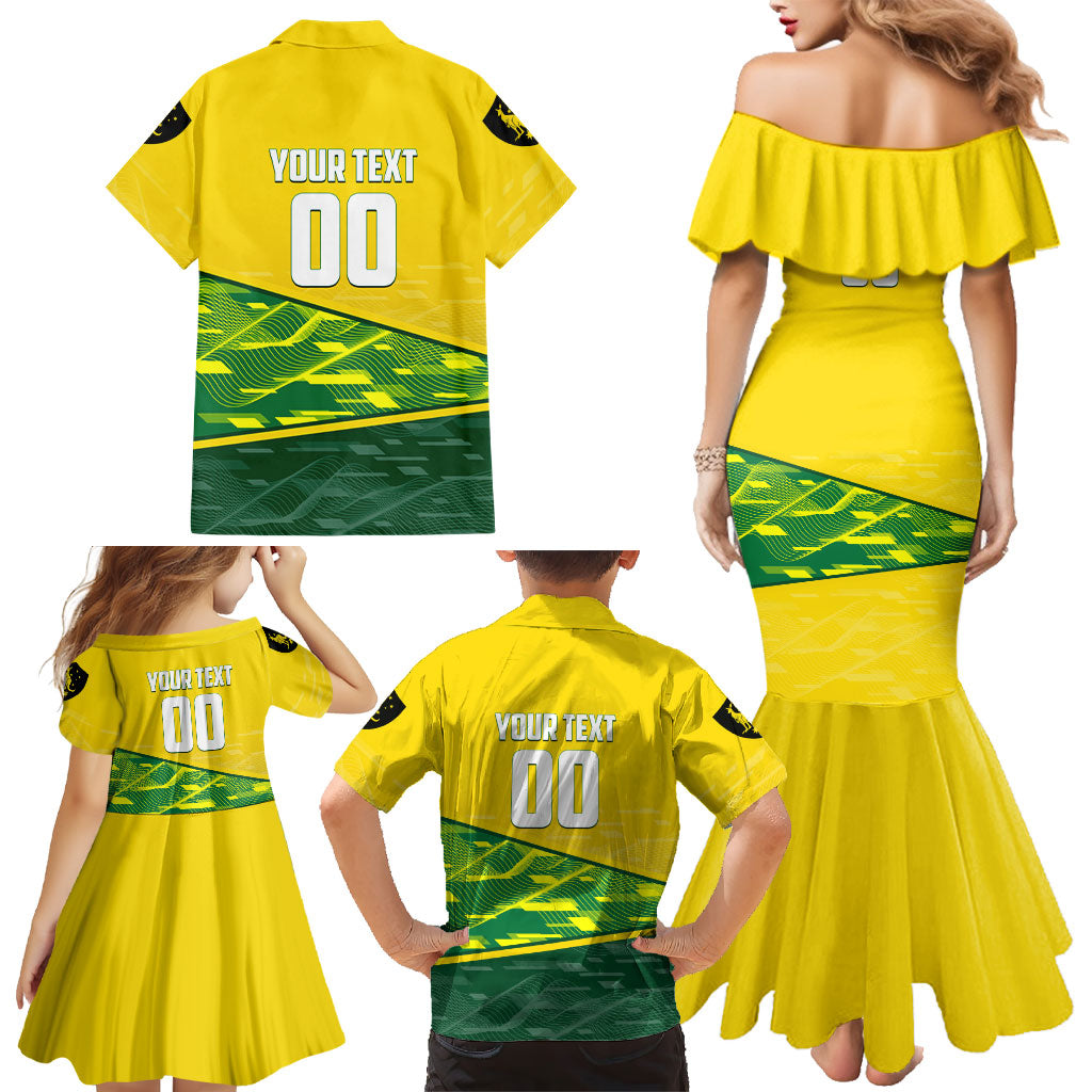 Personalized Socceroos Mascot Family Matching Mermaid Dress and Hawaiian Shirt Australian Football Player Dynamic Green Yellow Sports Art